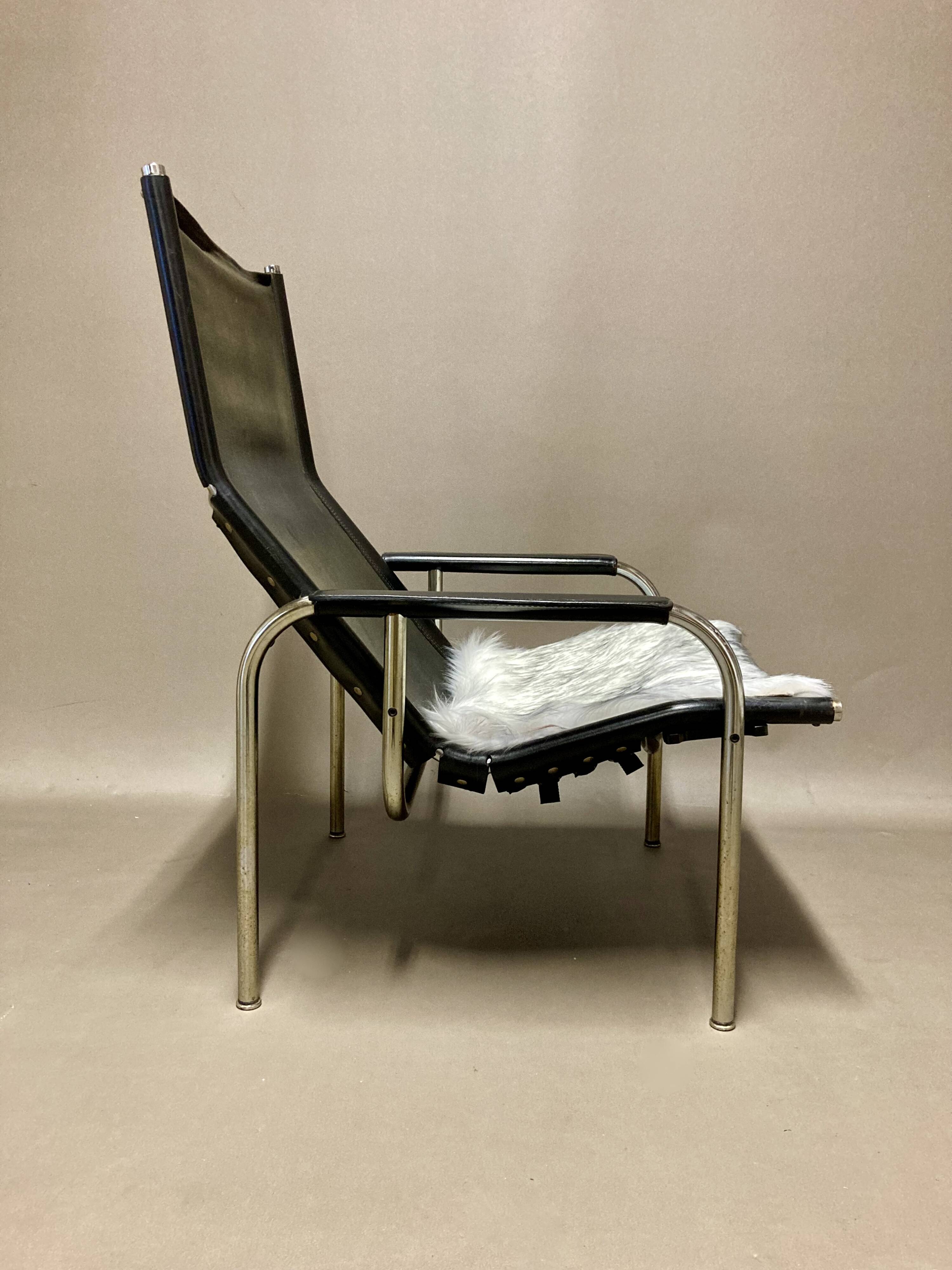 Black leather reclining relax armchair, 1960s design.