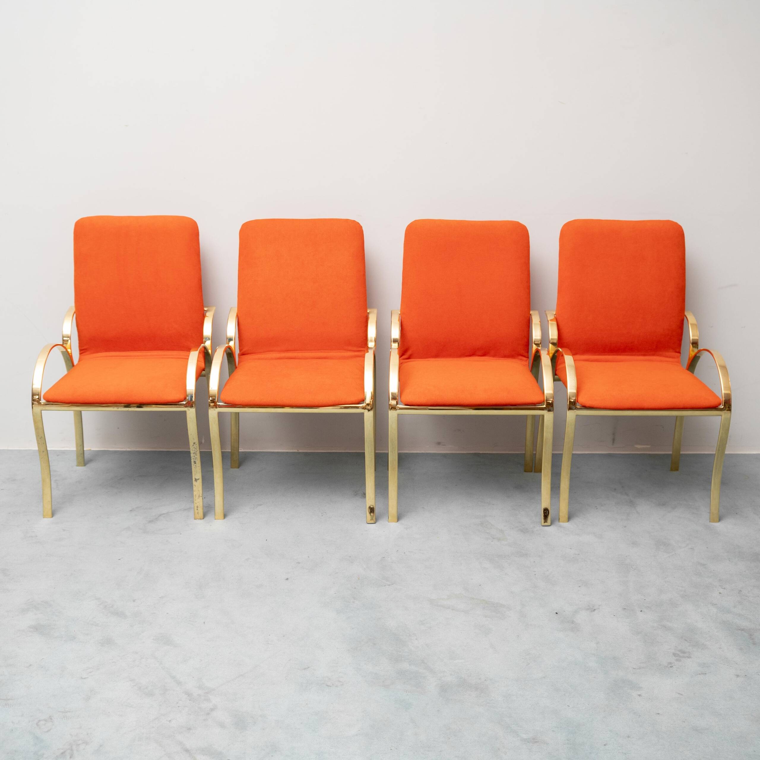 Set of 4 vintage golden metal and orange fabric chairs, 1970s modernist