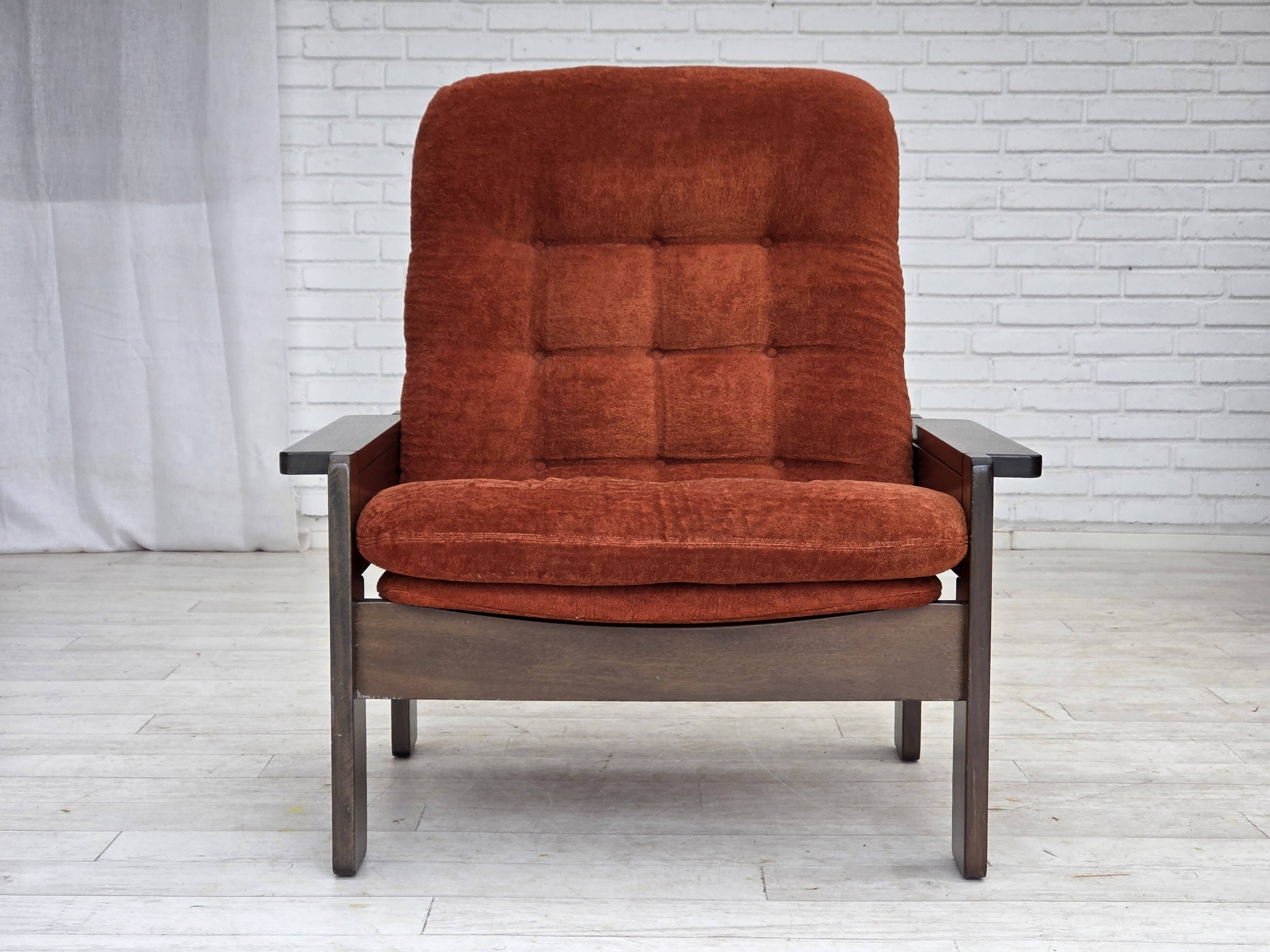 1970s, Danish armchair, orange/red furniture velour, dark oak wood.