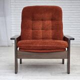 1970s, Danish armchair, orange/red furniture velour, dark oak wood.