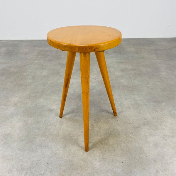 Tabouret tripode bois blond vintage