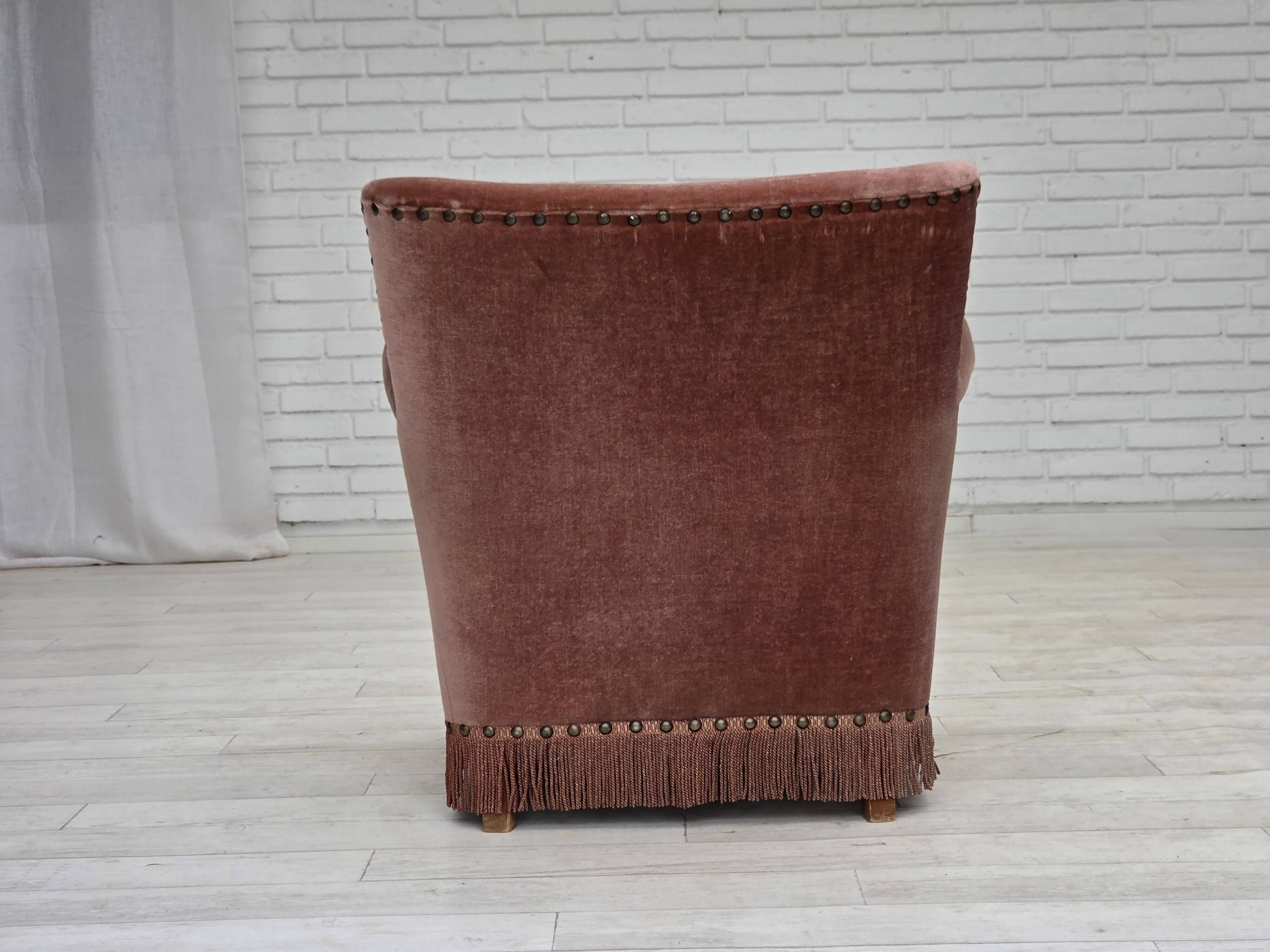 1970s, Danish armchair, salmon pink furniture velour, beech wood.