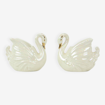 Fifties Japanese Swans Porcelain Plants Mother of Pearl Gold Set of 2