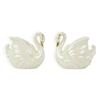 Fifties Japanese Swans Porcelain Plants Mother of Pearl Gold Set of 2