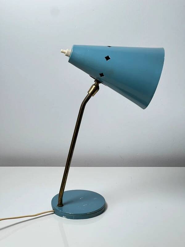 Vintage baby blue desk lamp – metal and brass, 50s-60s