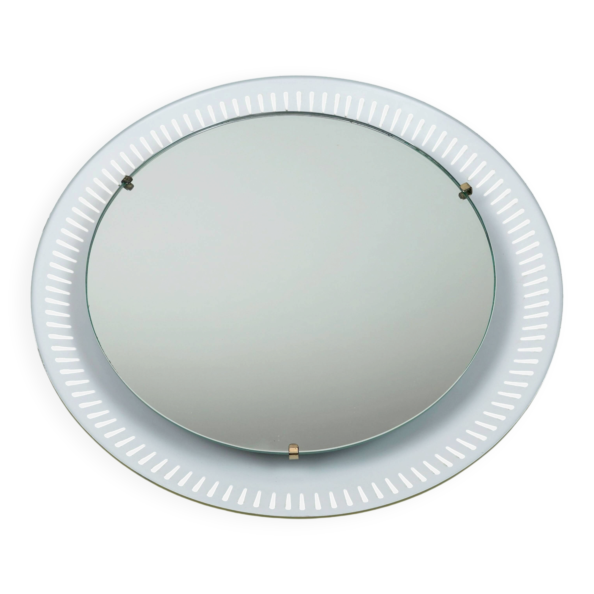 round mid century modern illuminated WALL MIRROR with metal frame 1950s