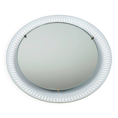 miroir mural illuminé rond de style mid-century moderne avec cadre en métal des années 1950