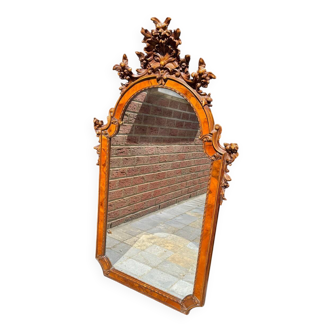 Superb mirror in carved wood and marquetry, Belgian manufacture 196