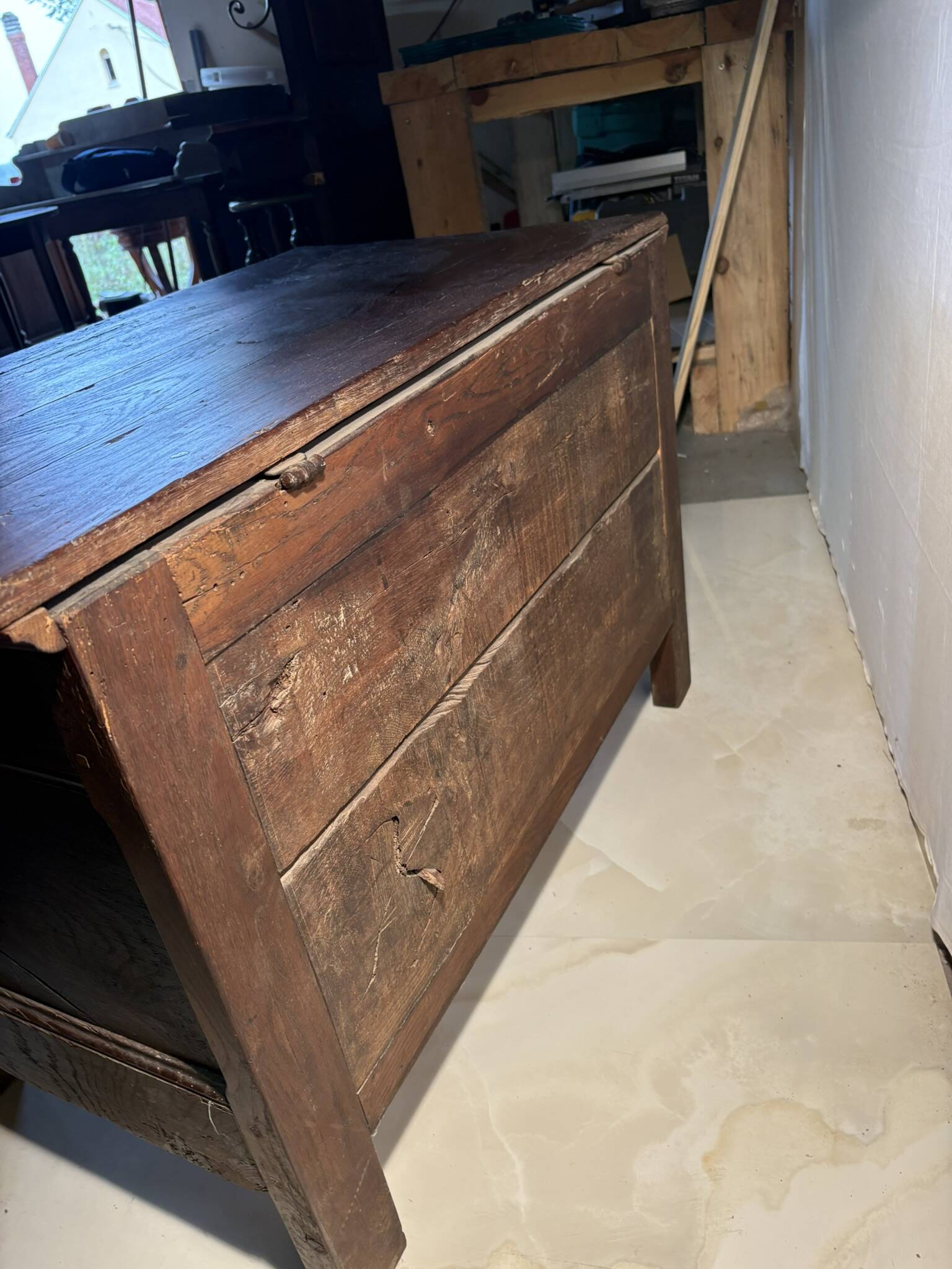Antique rustic oak chest with original hardware and molded panels