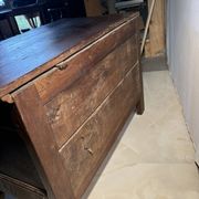 Rustic antique oak chest, original fittings and moulded panels.