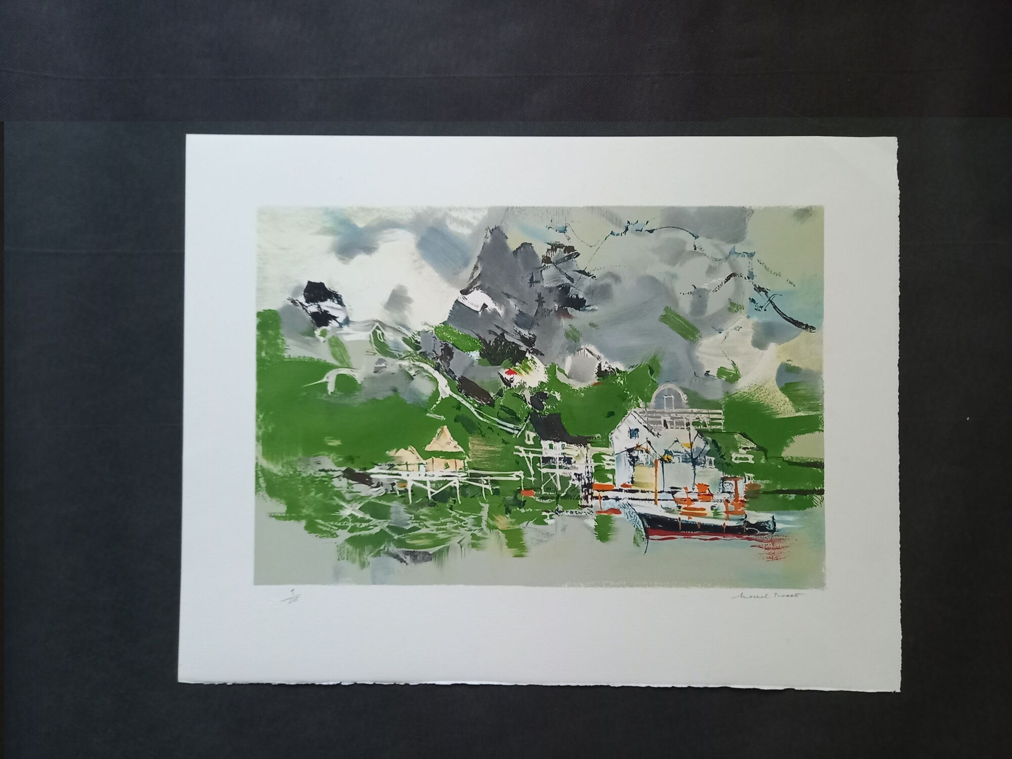 Original lithograph by Michel Rodde (1913-2009), "Norway, fishing village on stilts", 1994