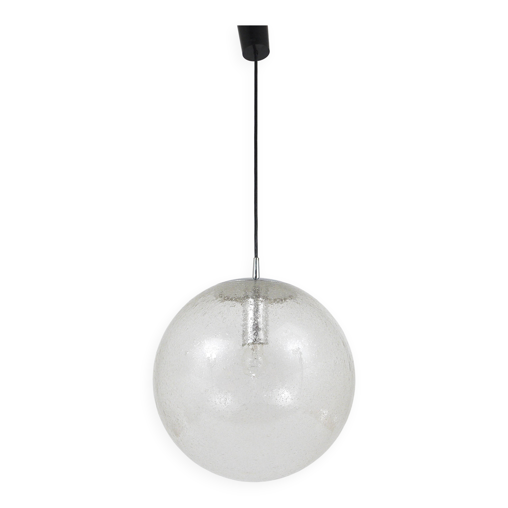 Large glass globe pendant light with bubbles and chrome by Peil & Putzler, Germany, 1970s.