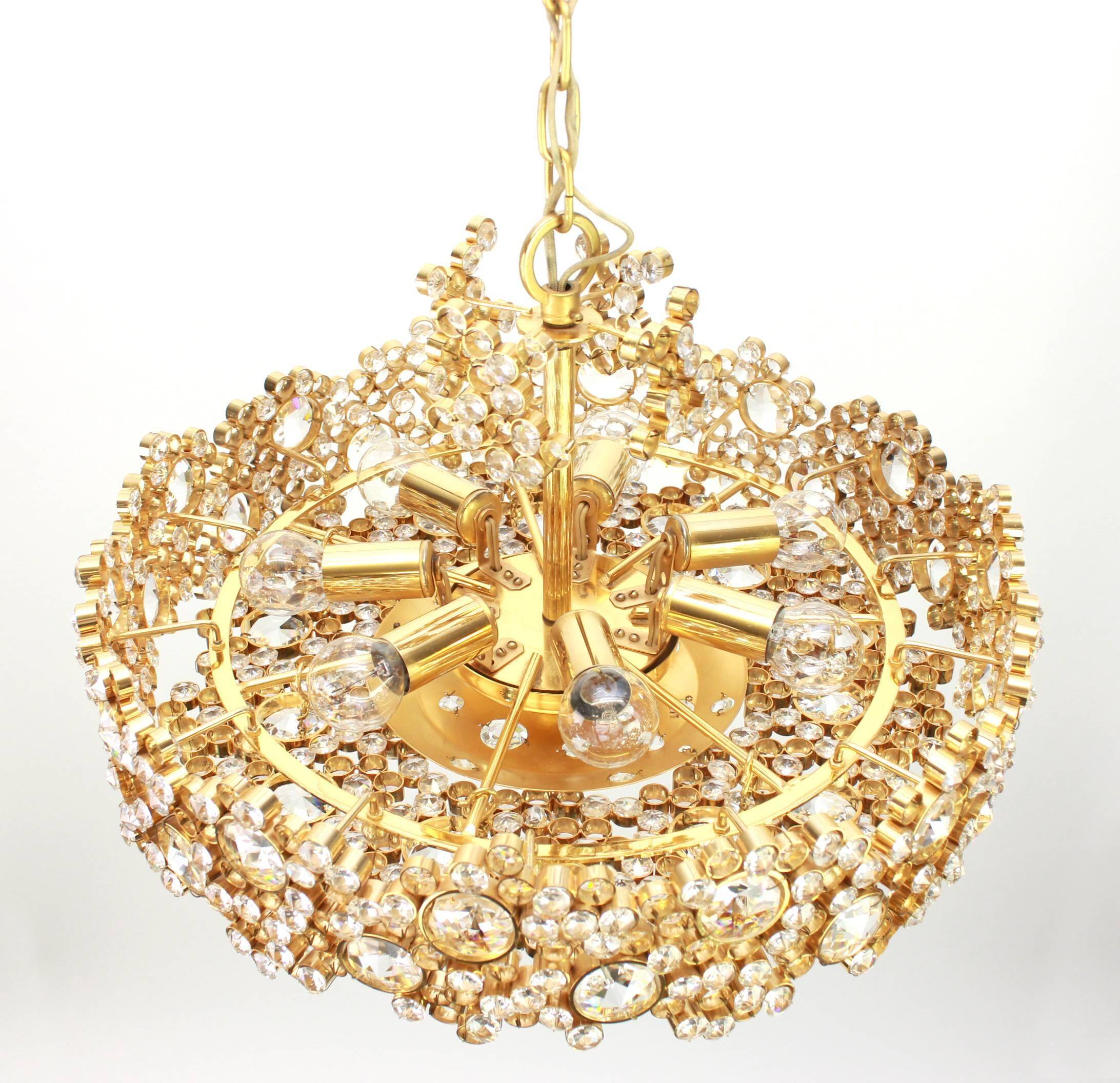 Golden brass chandelier with crystal glass inlays by Palwa, Germany, 1970s.