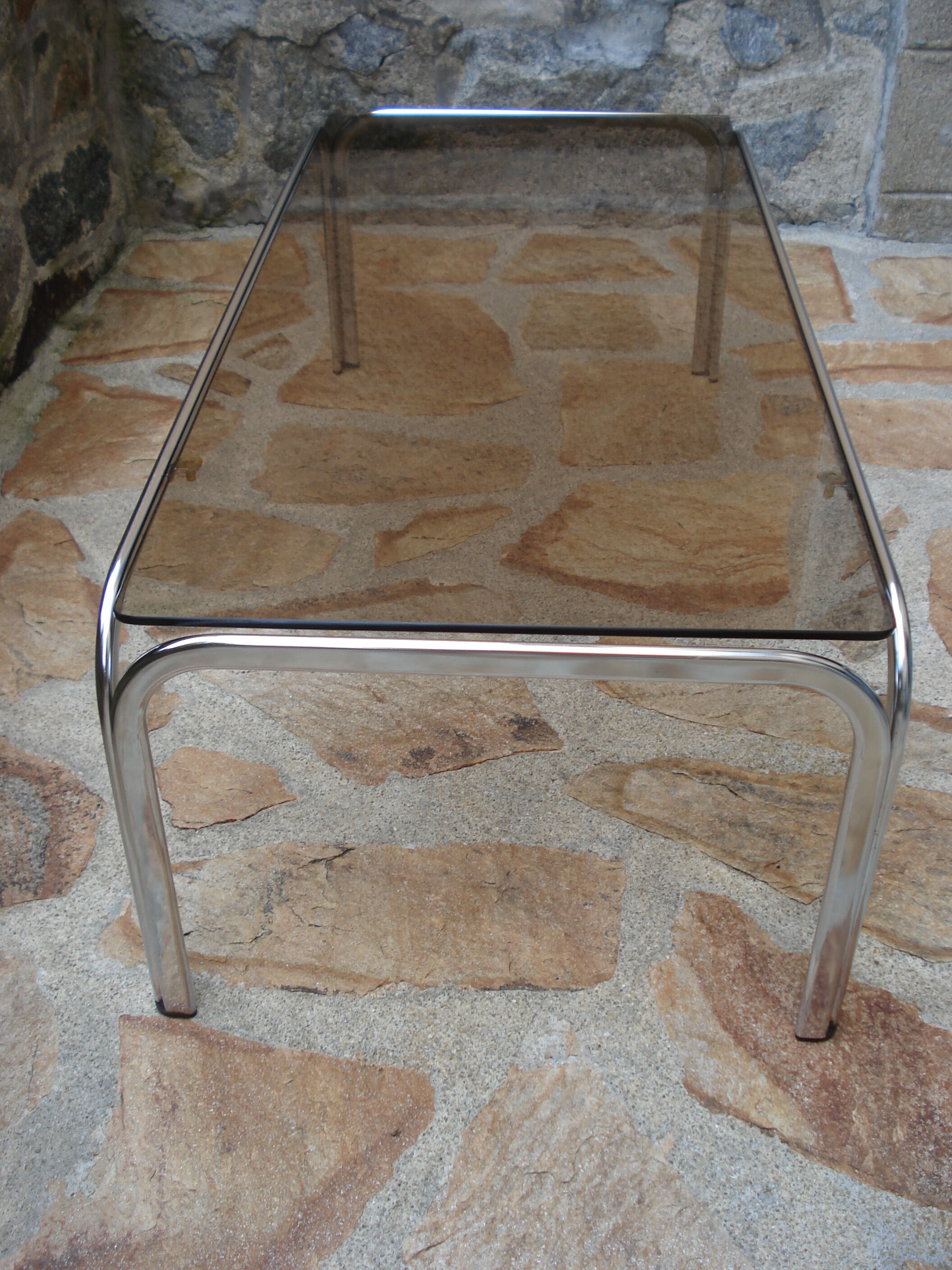 COFFEE TABLE 1970 PIETEMENT CHROME TOP GLASS SMOKE BROWN