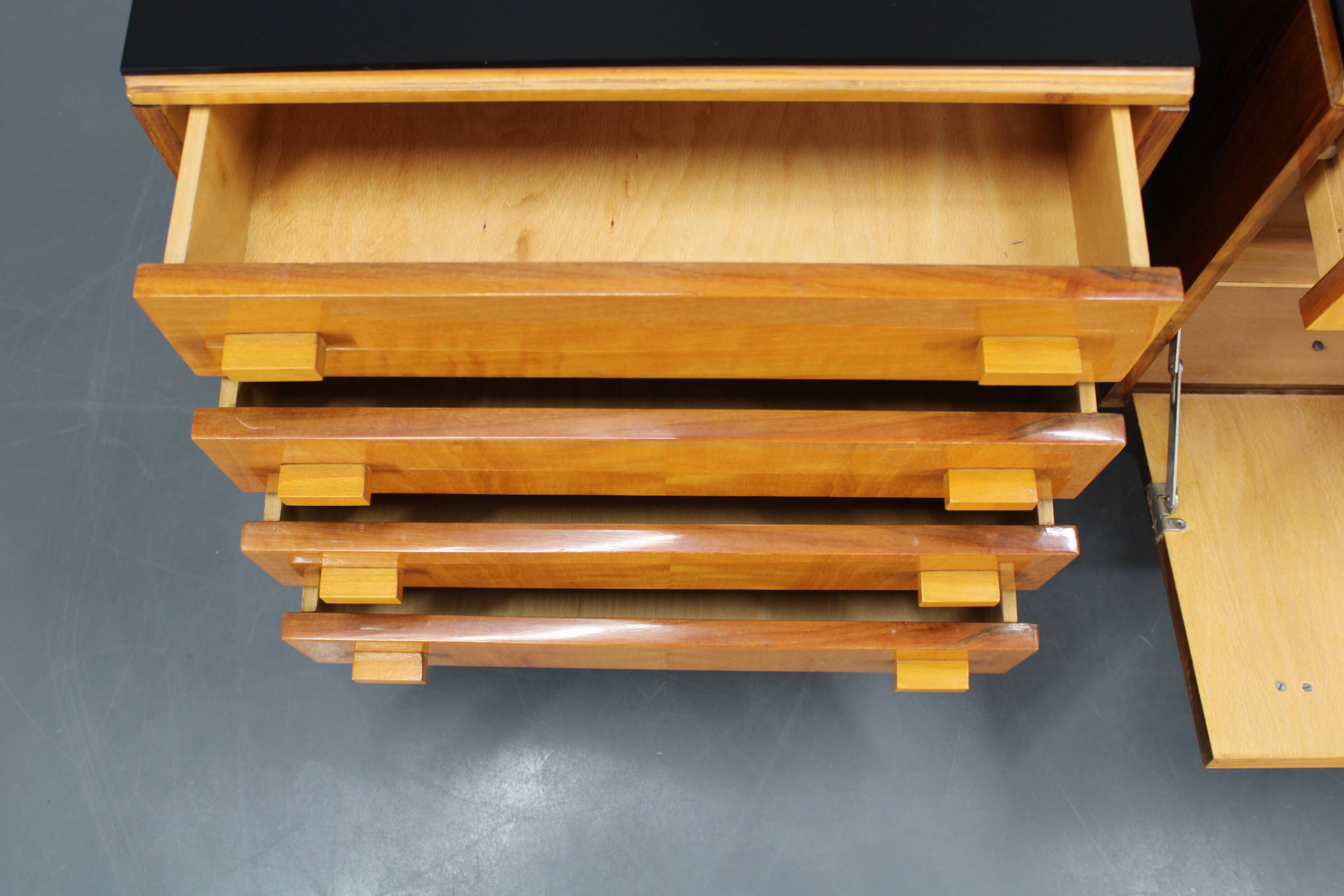 1960s František Mezulaník mid-century maple nightstands with black glass tops