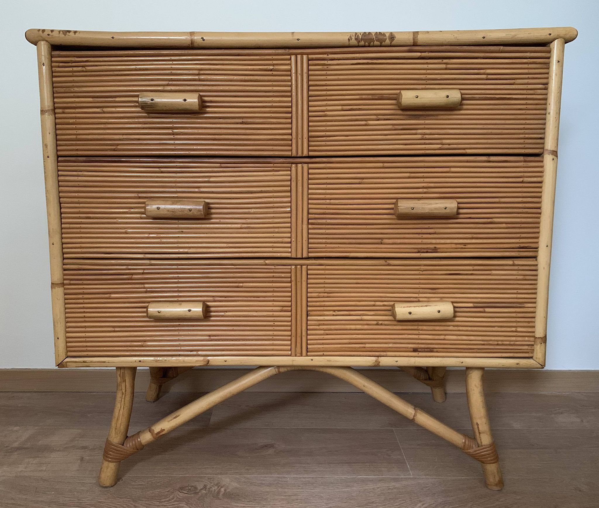 3-drawer rattan/bamboo chest of drawers attributed to Adrien Audoux and Frida Minnet. Circa 1950