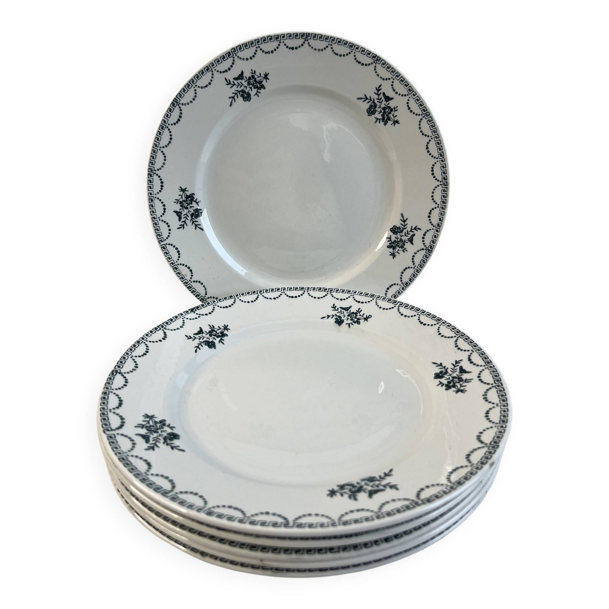 Set of 6 antique flat plates — Céranord pottery, model “