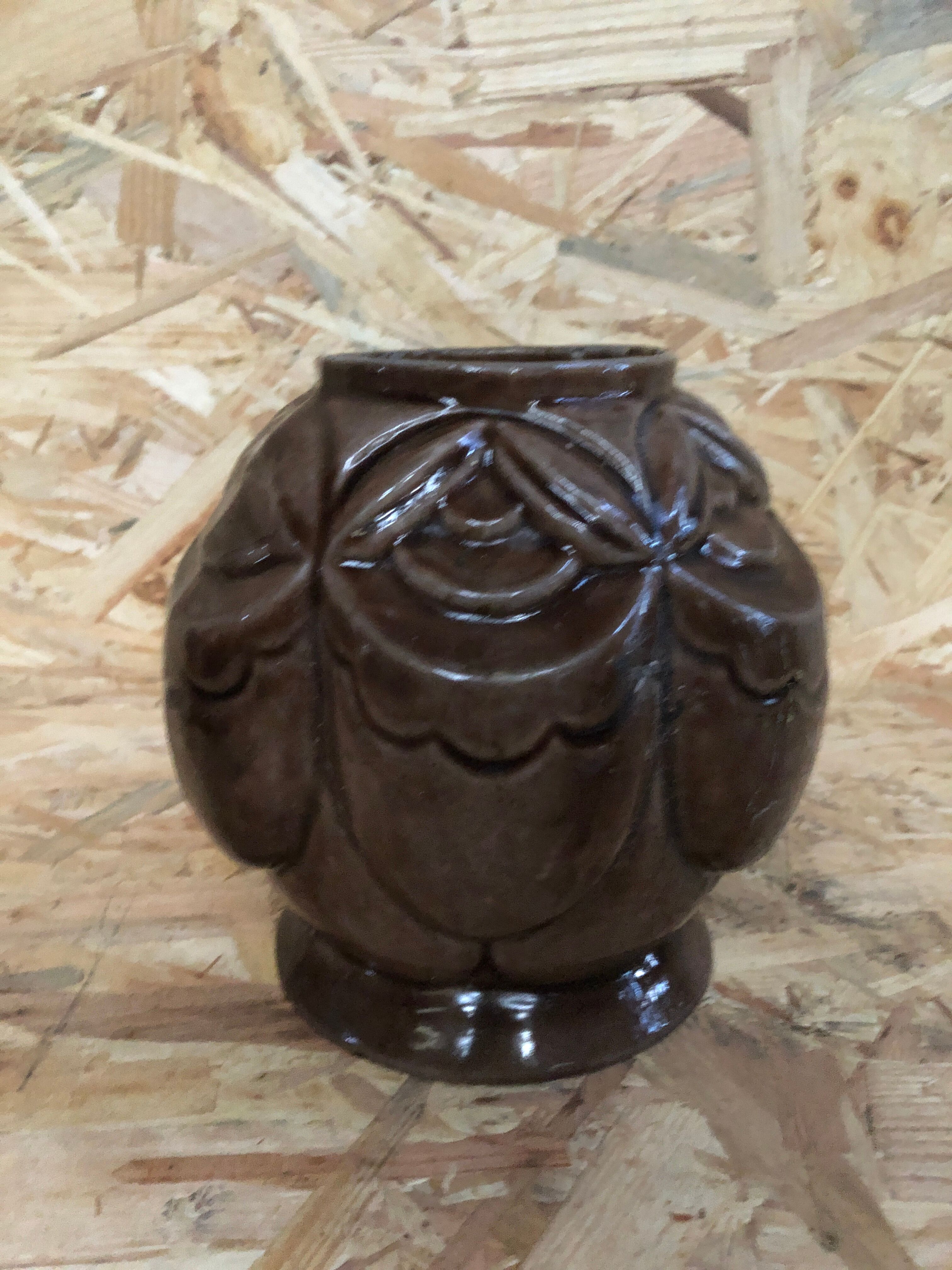 Old art deco vintage brown enameled cast iron plant pot