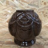 Old art deco vintage brown enameled cast iron plant pot