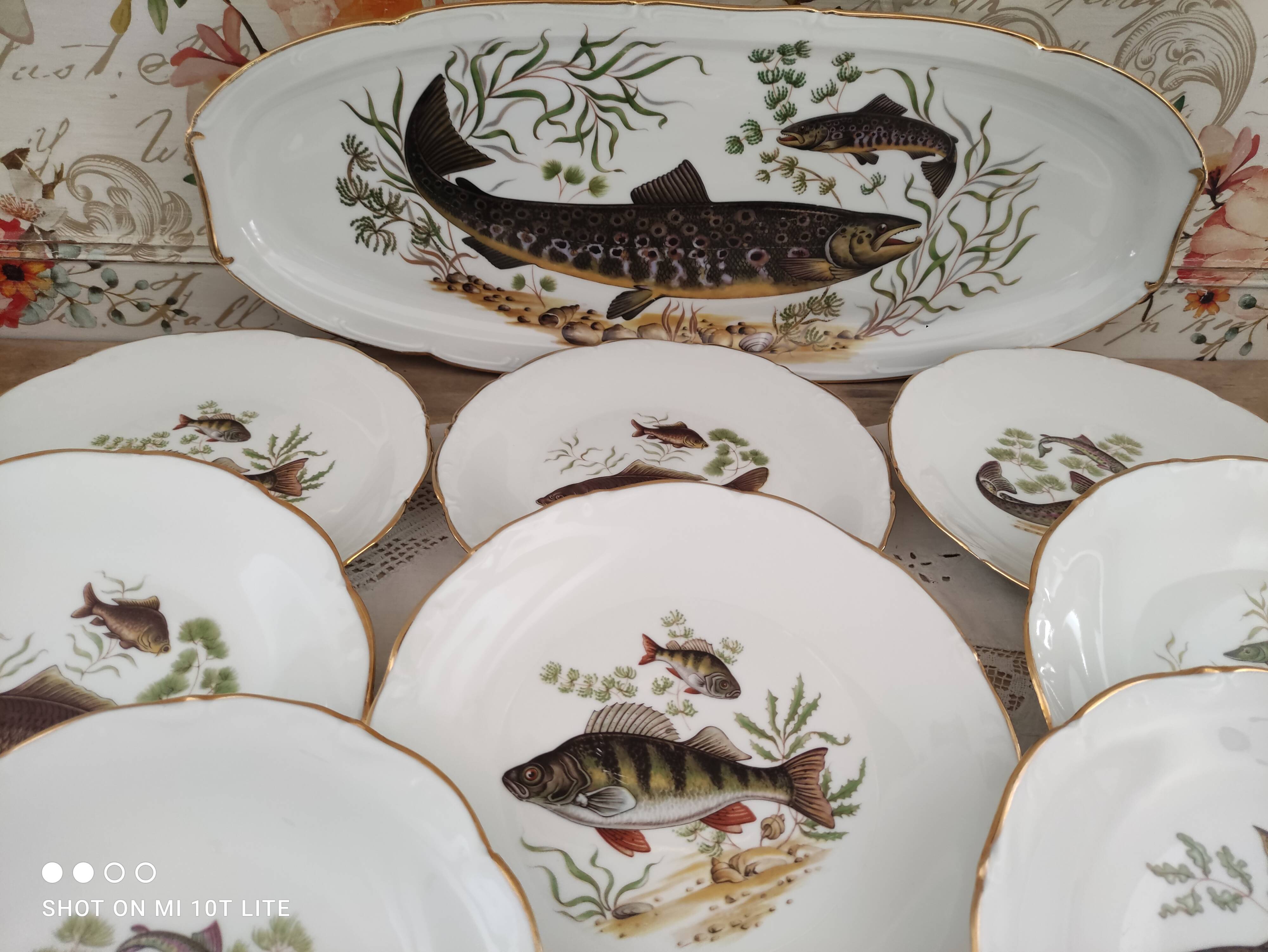 Service à poisson vintage en porcelaine de Sologne Lamotte décor poissons d'eau douce