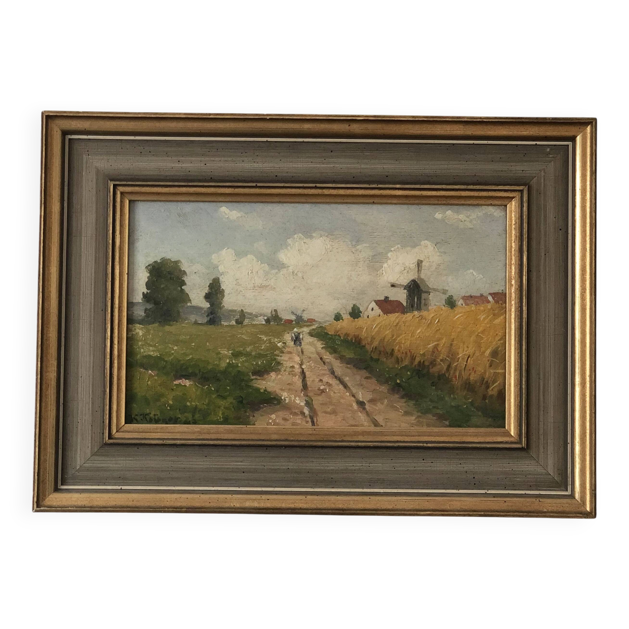 Peinture à l'huile vintage originale de paysage de cottage : Art de la nature encadré