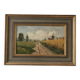 Peinture à l'huile vintage originale de paysage de cottage : Art de la nature encadré