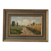 Peinture à l'huile vintage originale de paysage de cottage : Art de la nature encadré