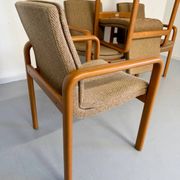 4 armchairs with armrests in beech and fabric, 1970s vintage design.