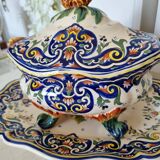 Vintage Rouen porcelain soup tureen with underplate, hand-painted