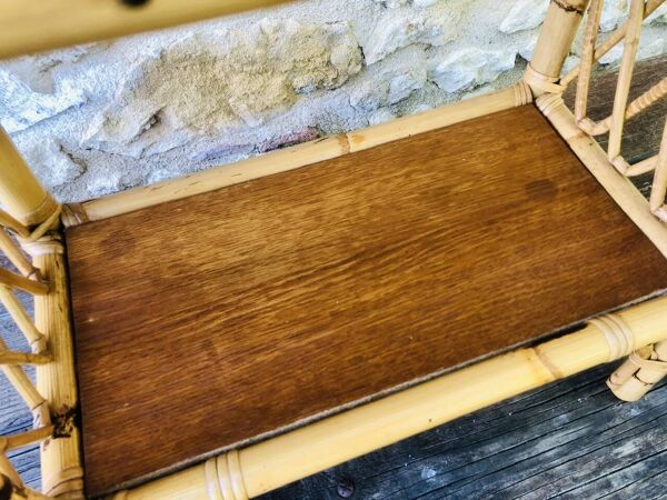 Etagère murale bois blond , bambou, rotin vintage
