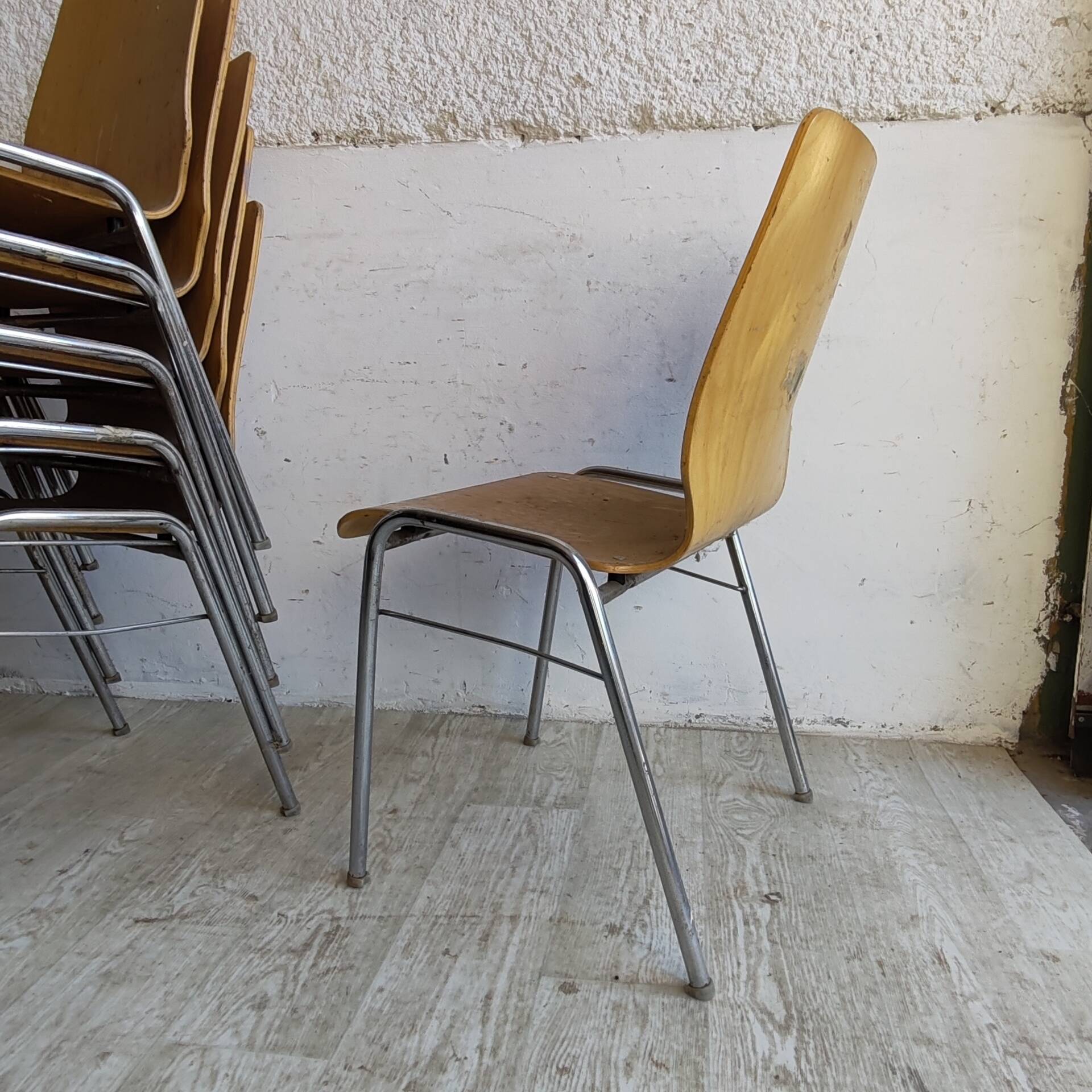 Set of 6 Vintage Bentwood Stacking Chairs Chrome Frame Mid Century