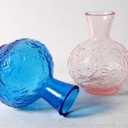Set of 2 Vintage Small Blue and PinkGlass Vases with Flowers Pattern, Italy