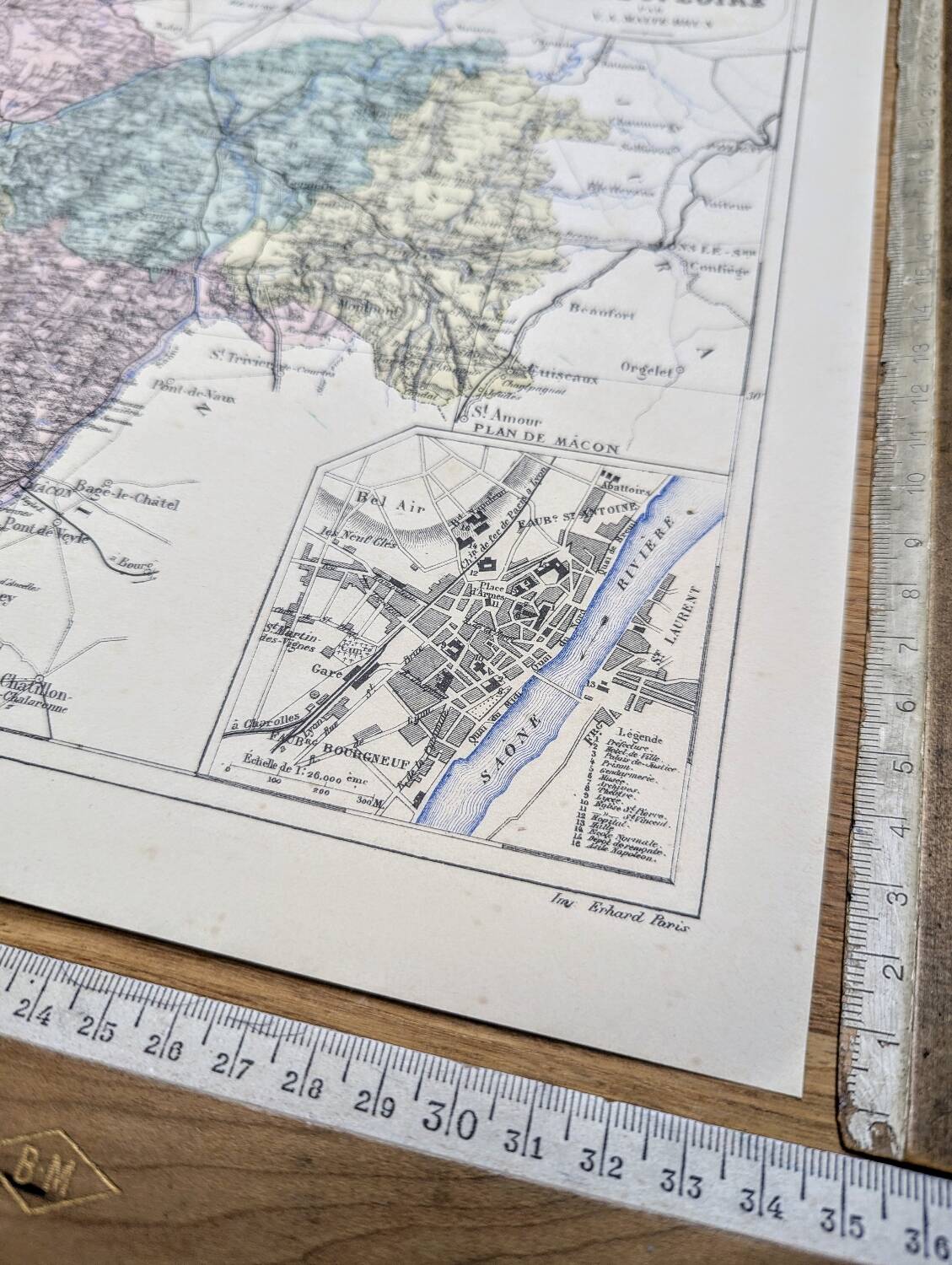Saône-et-Loire, old map, printed in 1883.