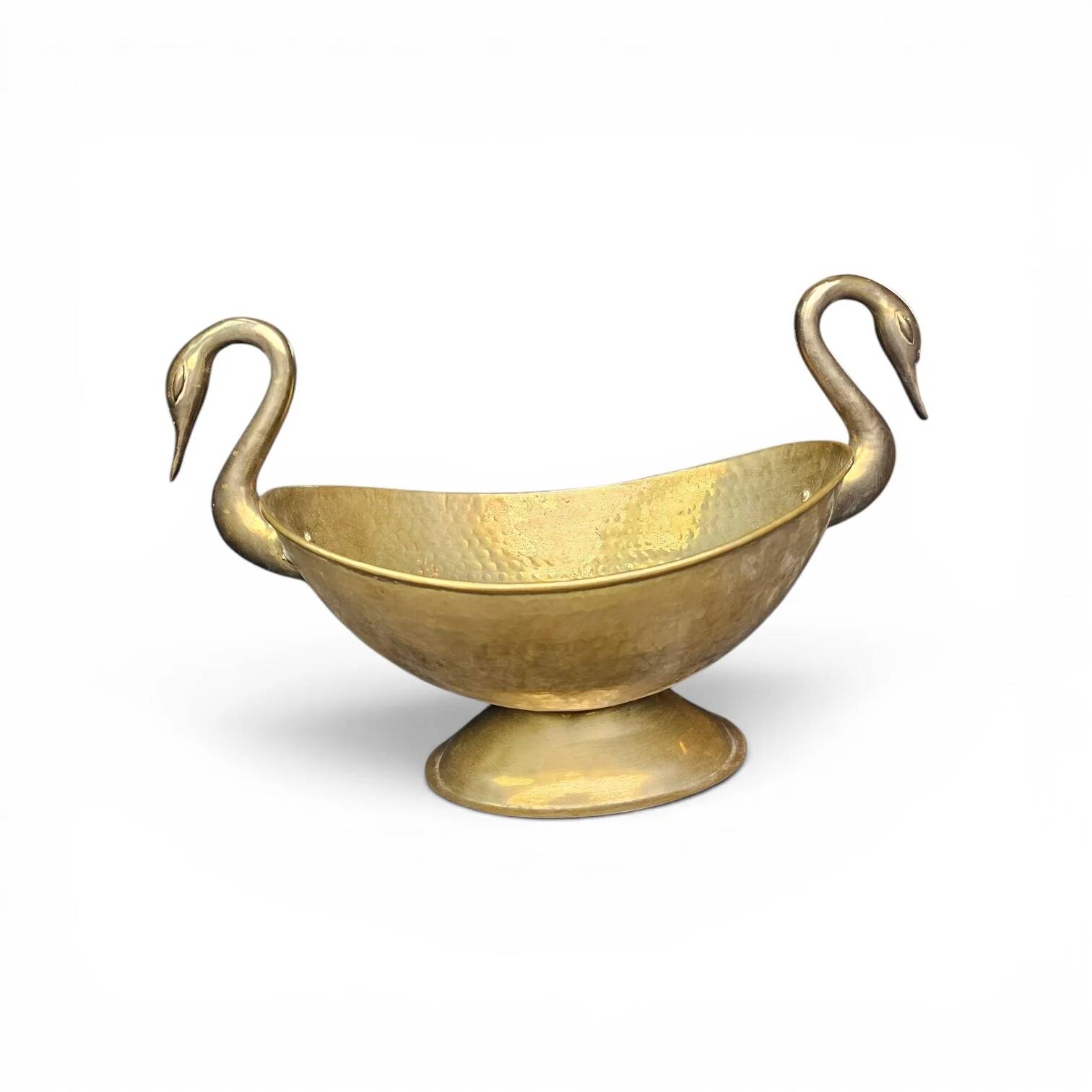 Oval beaten brass dish with swan handles