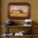 Signed painting landscape with a small house from the 20th century