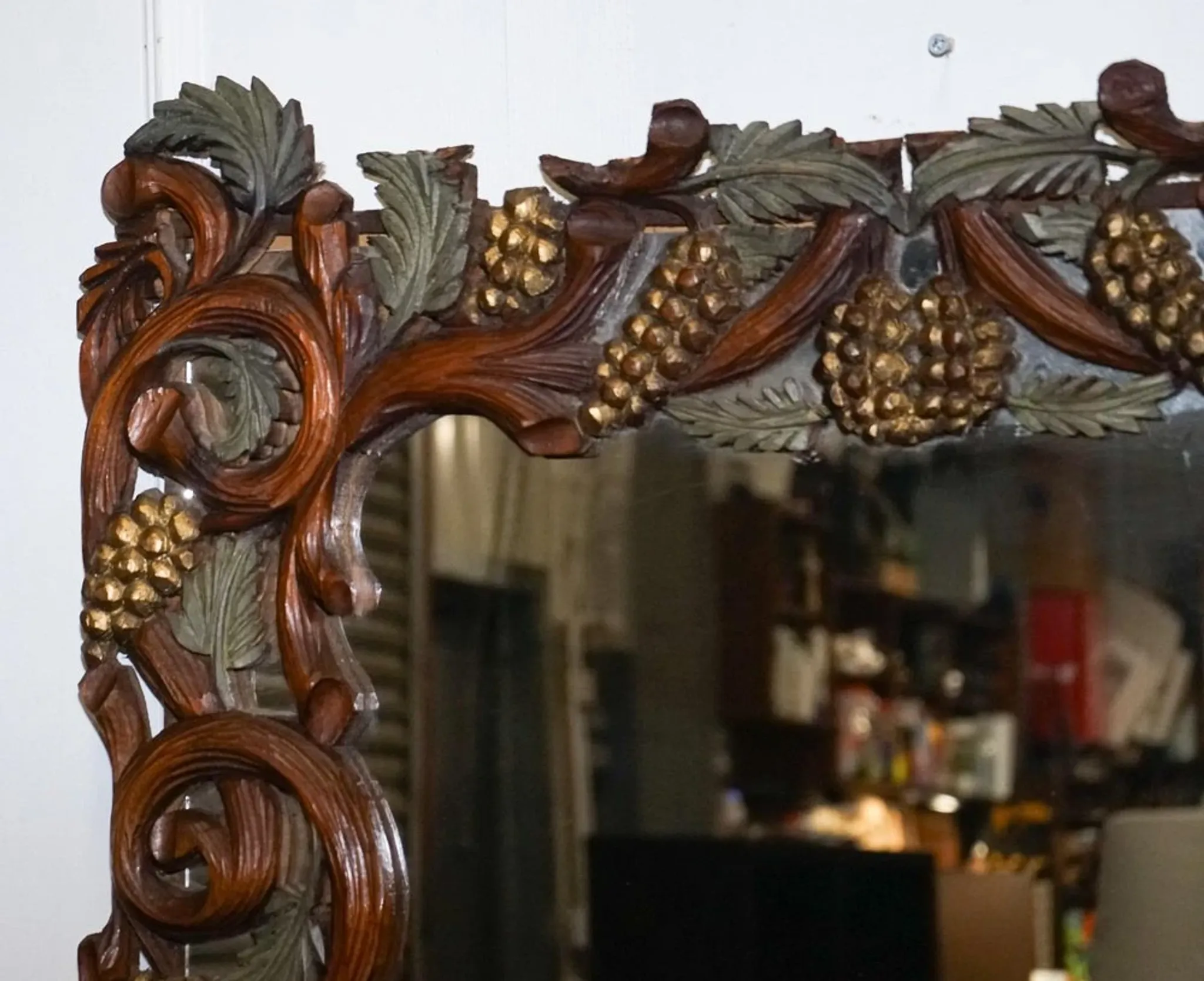 Vintage Black Heavily Carved Wooden Forest Wall Mirror