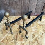 Pair of Antique Black Cast Iron + Vintage Bronze Fireplace Andirons
