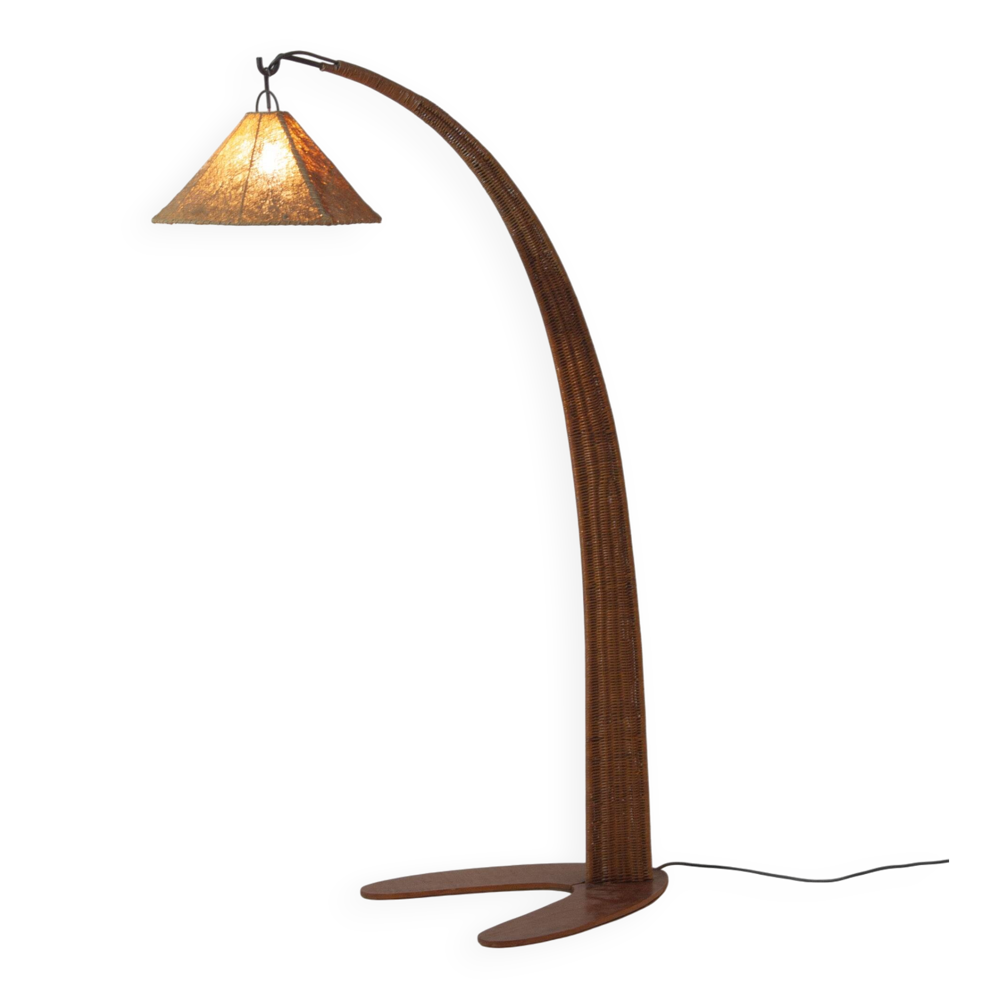 Italian wood arc floor lamp in rattan, 1970s