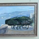 Vintage Mid-Century Modern "The Mediterranean" Swedish Coastal Scape Oil Painting, Framed