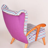 Completely restored czech midcentury blue armchair, 1950s. beech