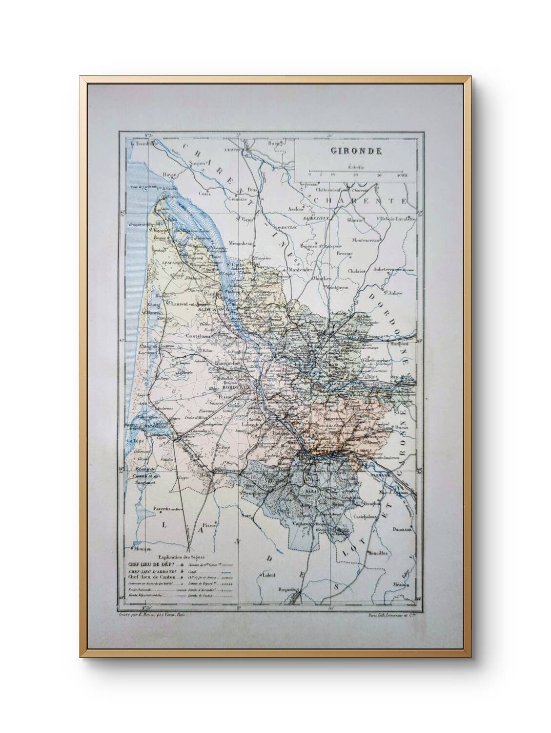 Planche géographique la Gironde, Nouvelle Aquitaine, imprimée en 1889