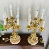 Pair of gilded bronze candlesticks, marble bases.
