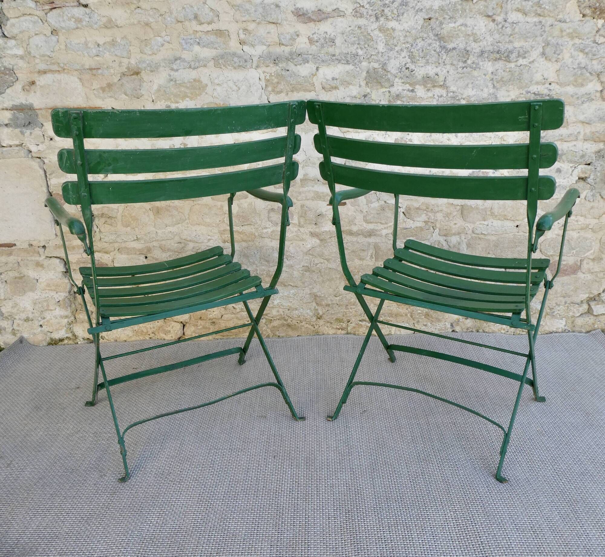 Pair of garden chairs, metal with wooden slats, folding