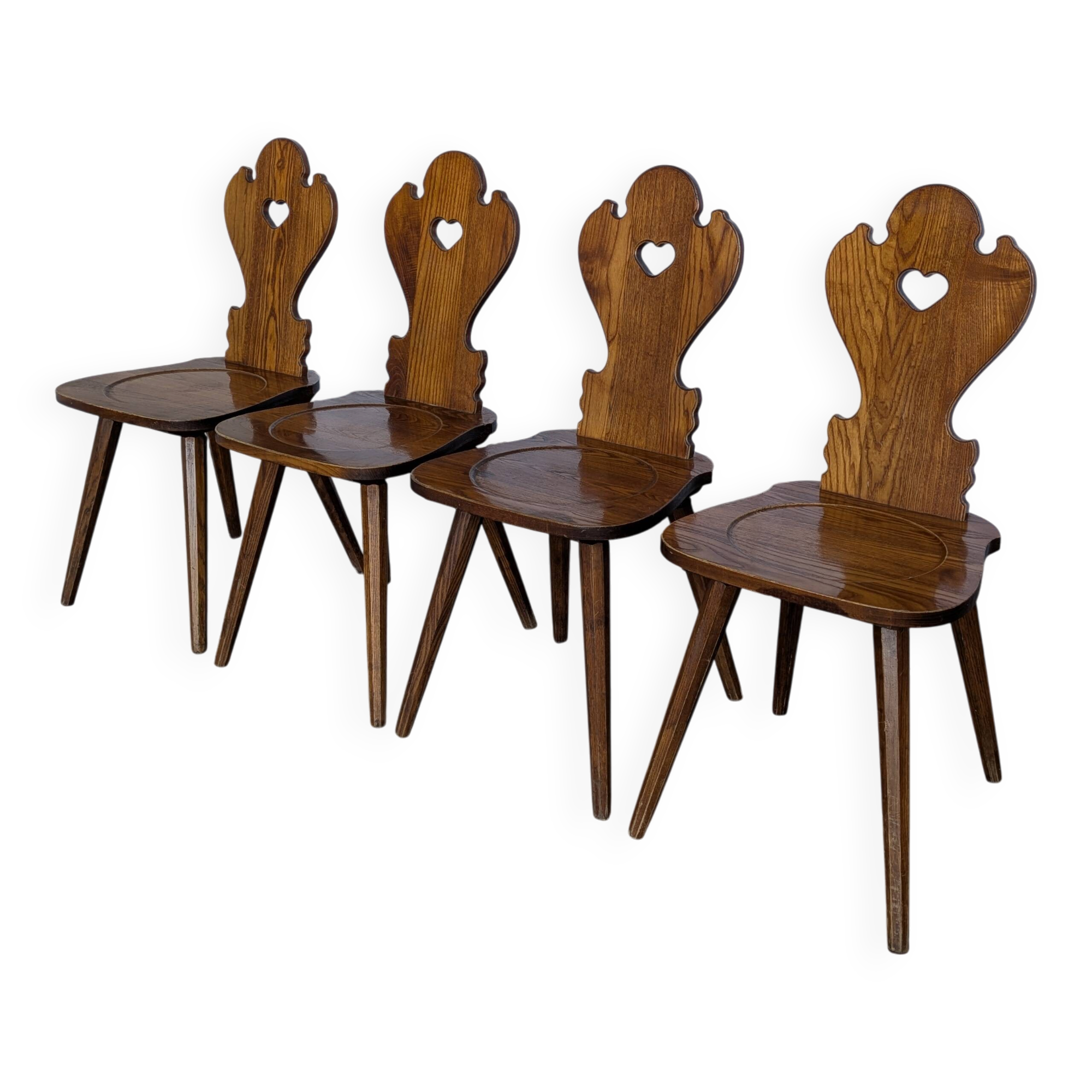 Set of 4 Farmhouse Tyrolean Chair with Heart Cutout Back / 1970s Vintage Di