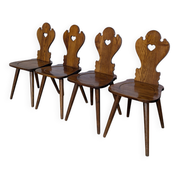 Set of 4 Farmhouse Tyrolean Chair with Heart Cutout Back / 1970s Vintage Di