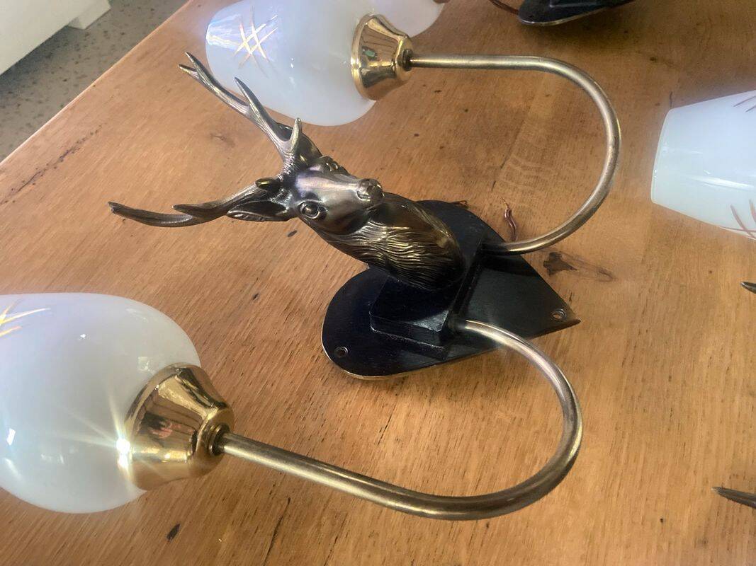 4 Wall lights with 2 arms 1960s deer head Decor hunting hunter brass