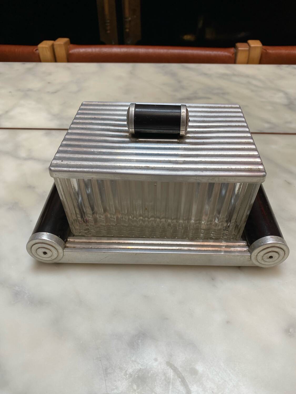Art Deco box, 1920s metal, wood and glass
