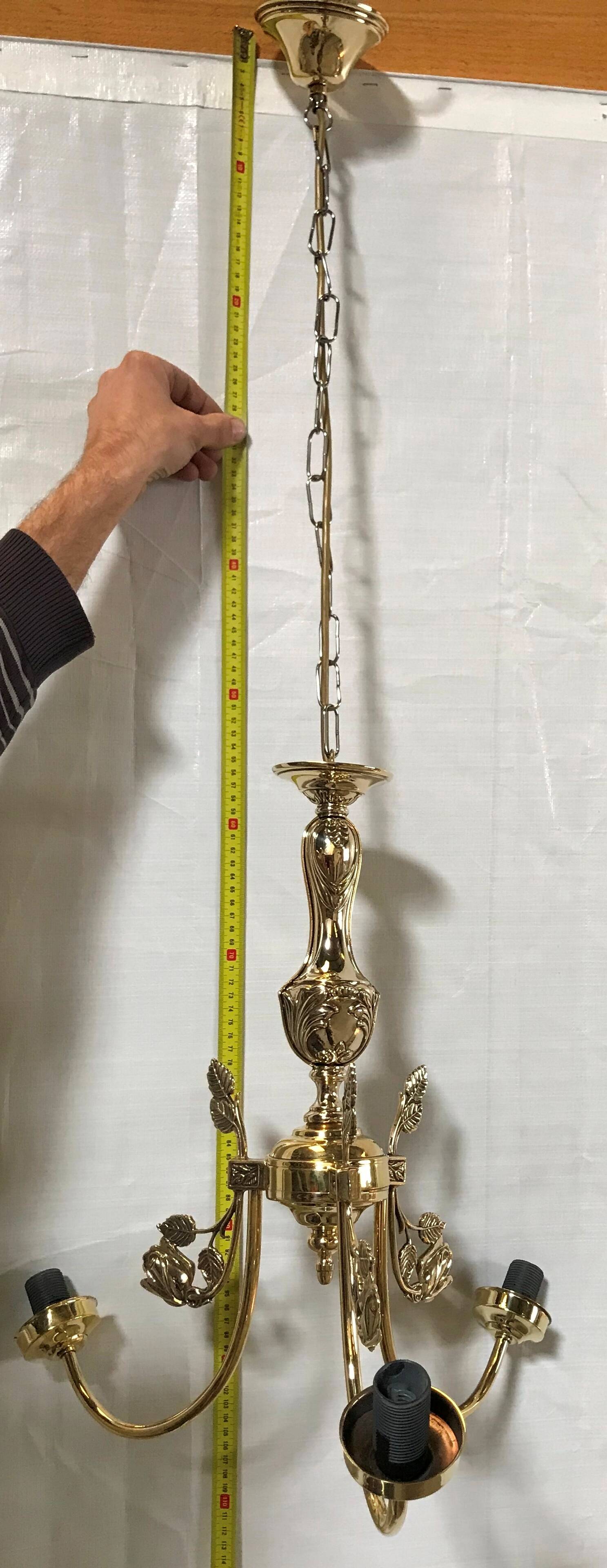 Polished Solid Brass Pendant Chandelier with Three Arms