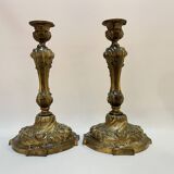 Pair of 19th century Louis XV style bronze candlesticks with arabesque rocaille candlestick