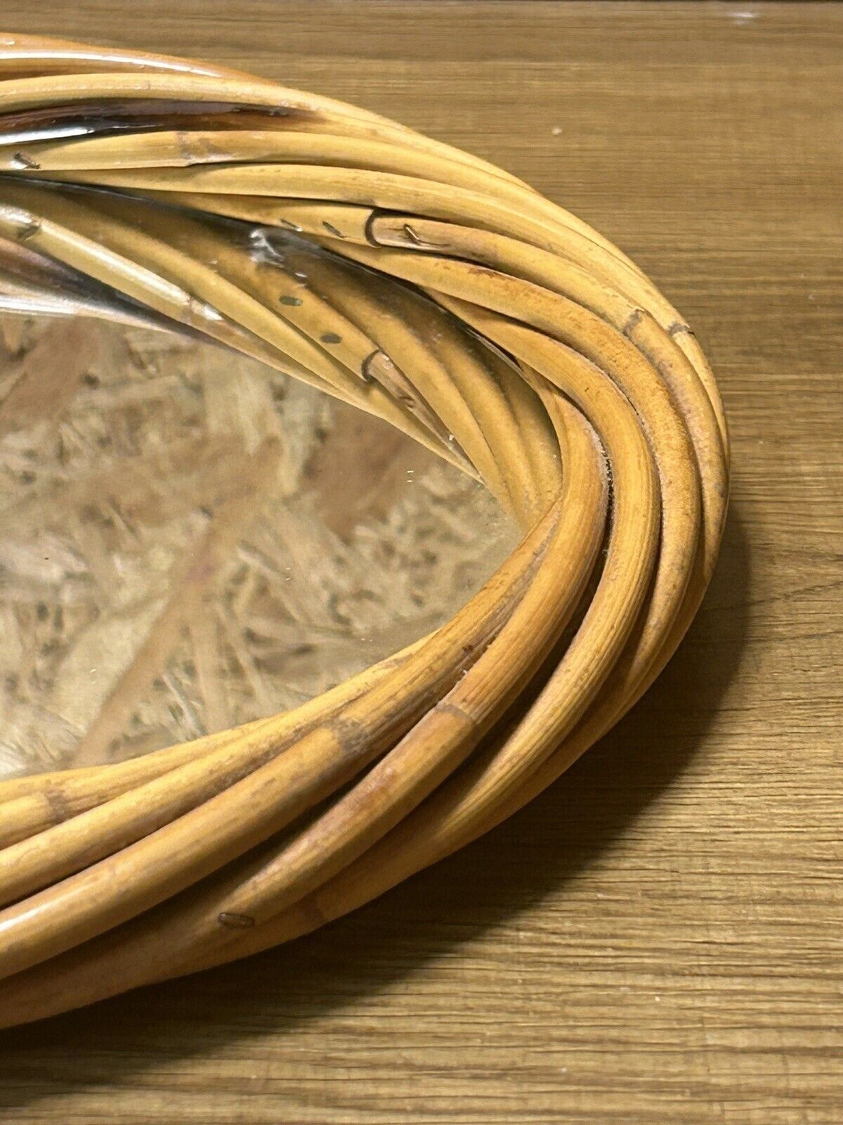 Old vintage rattan round mirror, 70s, pop decoration